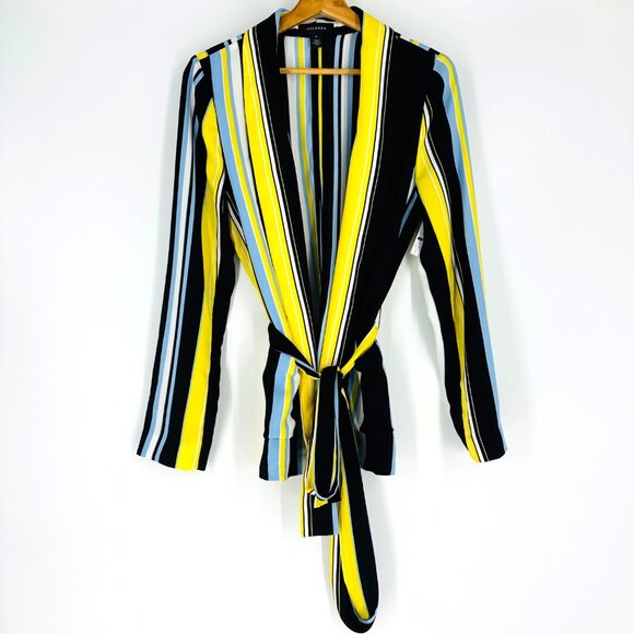 Halogen Blue Yellow Striped Shawl Neck Long Sleeve Tie Waist Pocket Blazer M - Picture 2 of 10